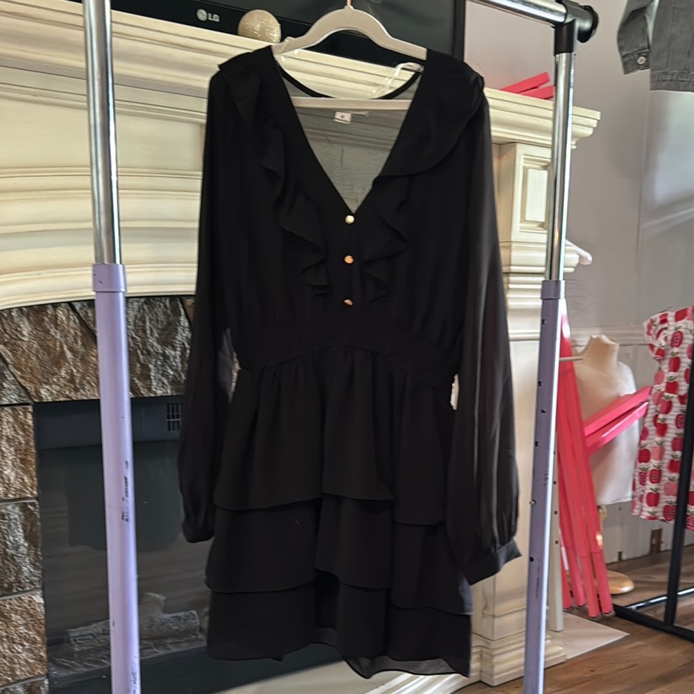 HYFVE Black Tiered Midi Dress with Bishop Sleeves